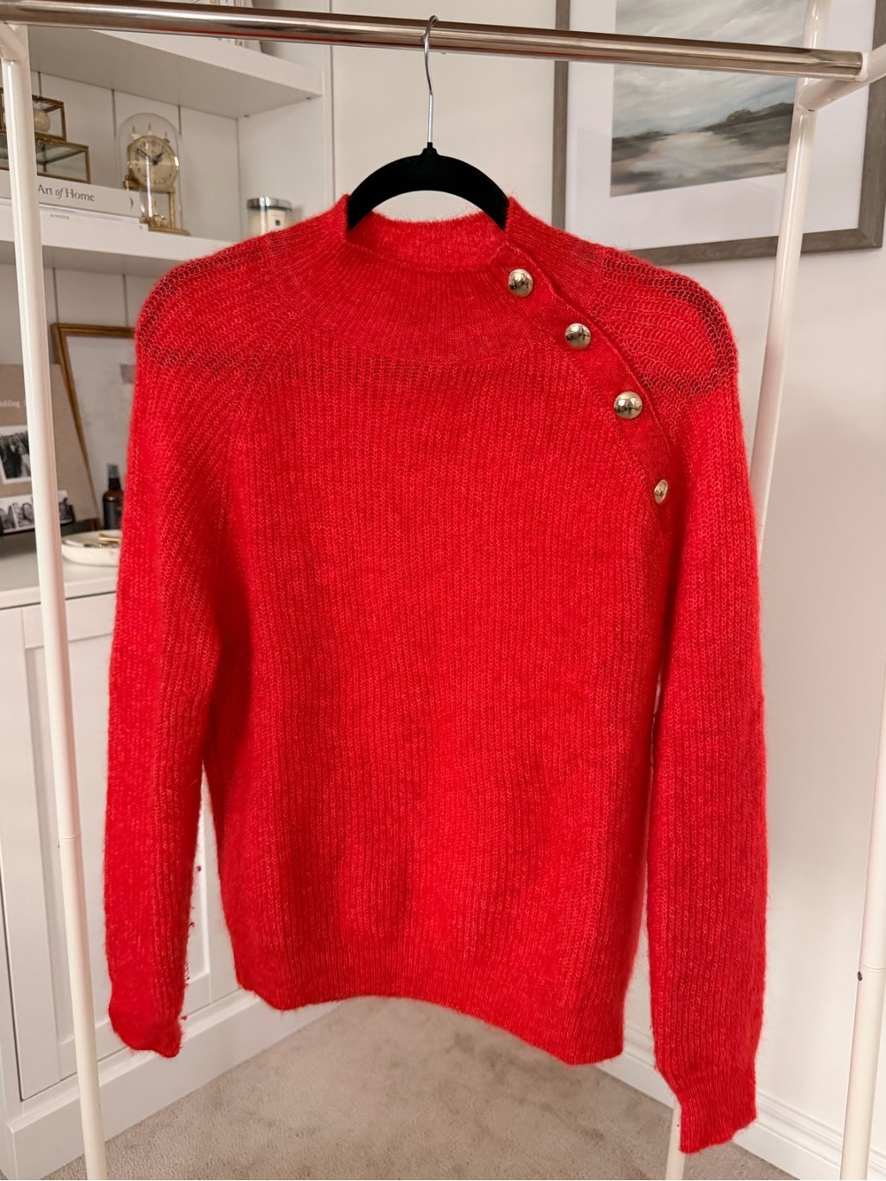 Sezane Red Turtleneck Sweater with Gold Shoulder Buttons